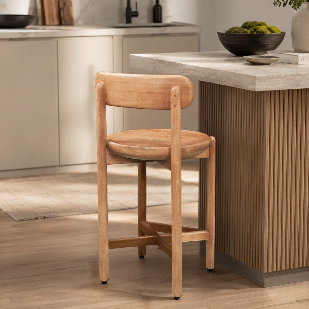 Maona Counter Stool Chair with Round Seat | Curved Open Back | Natural Brown Mango Wood By The Urban Port