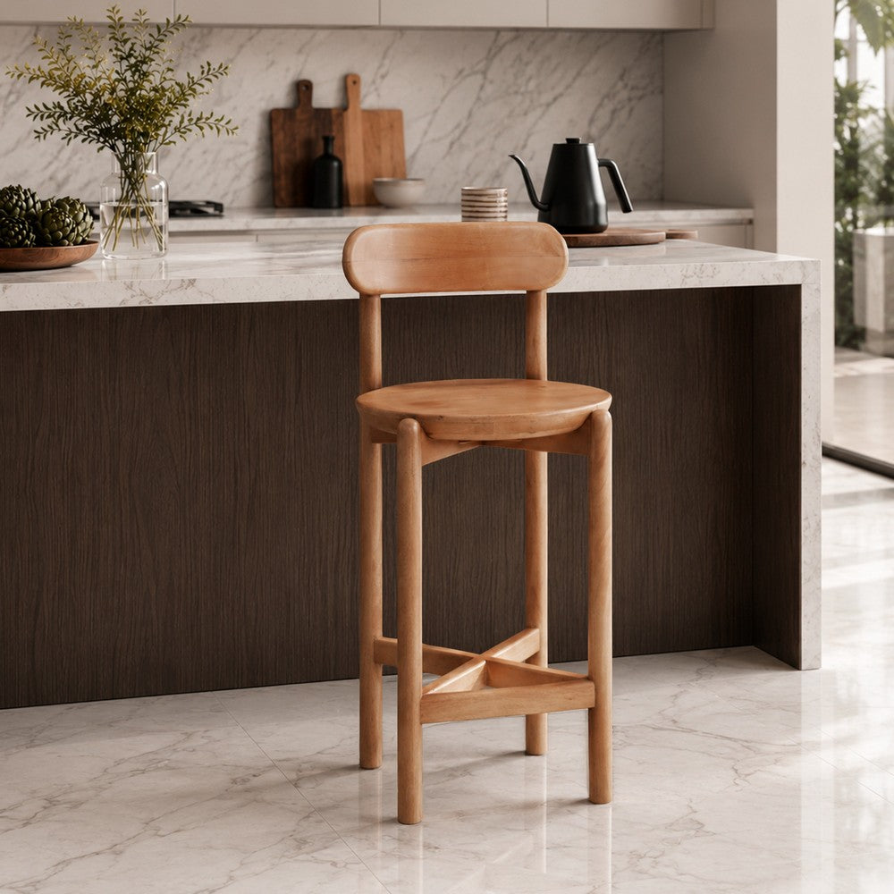 Maona Counter Stool Chair with Round Seat | Curved Open Back | Natural Brown Mango Wood By The Urban Port