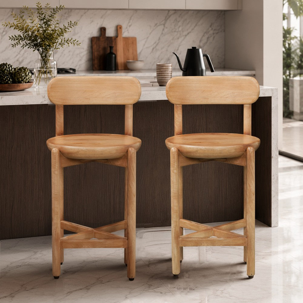Maona Counter Stool Chair with Round Seat | Curved Open Back | Natural Brown Mango Wood By The Urban Port