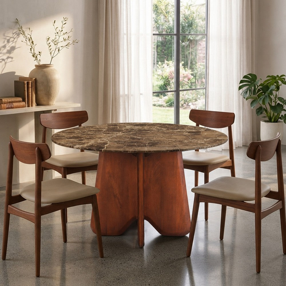 Zena 47 " Round Dining Table | Spanish Emperador Marble Top | Brown Mango Wood Cross Legs By The Urban Port