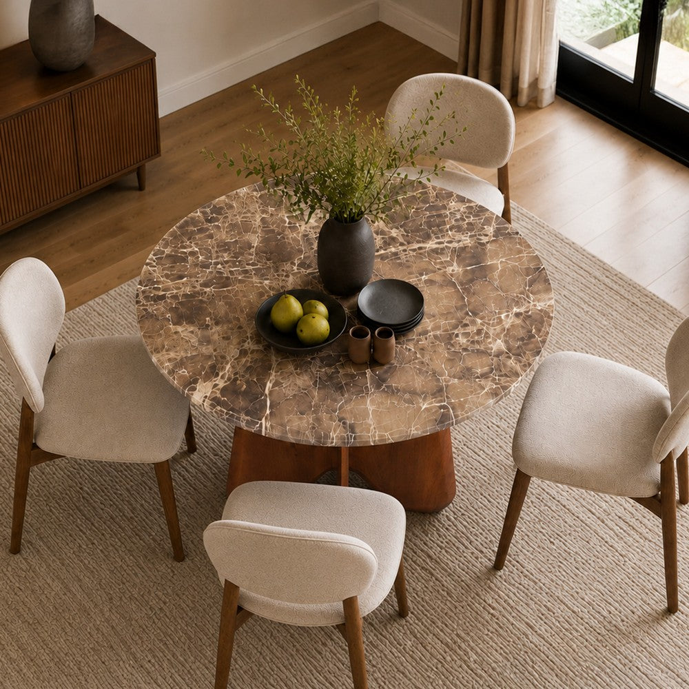 Zena 47 " Round Dining Table | Spanish Emperador Marble Top | Brown Mango Wood Cross Legs By The Urban Port