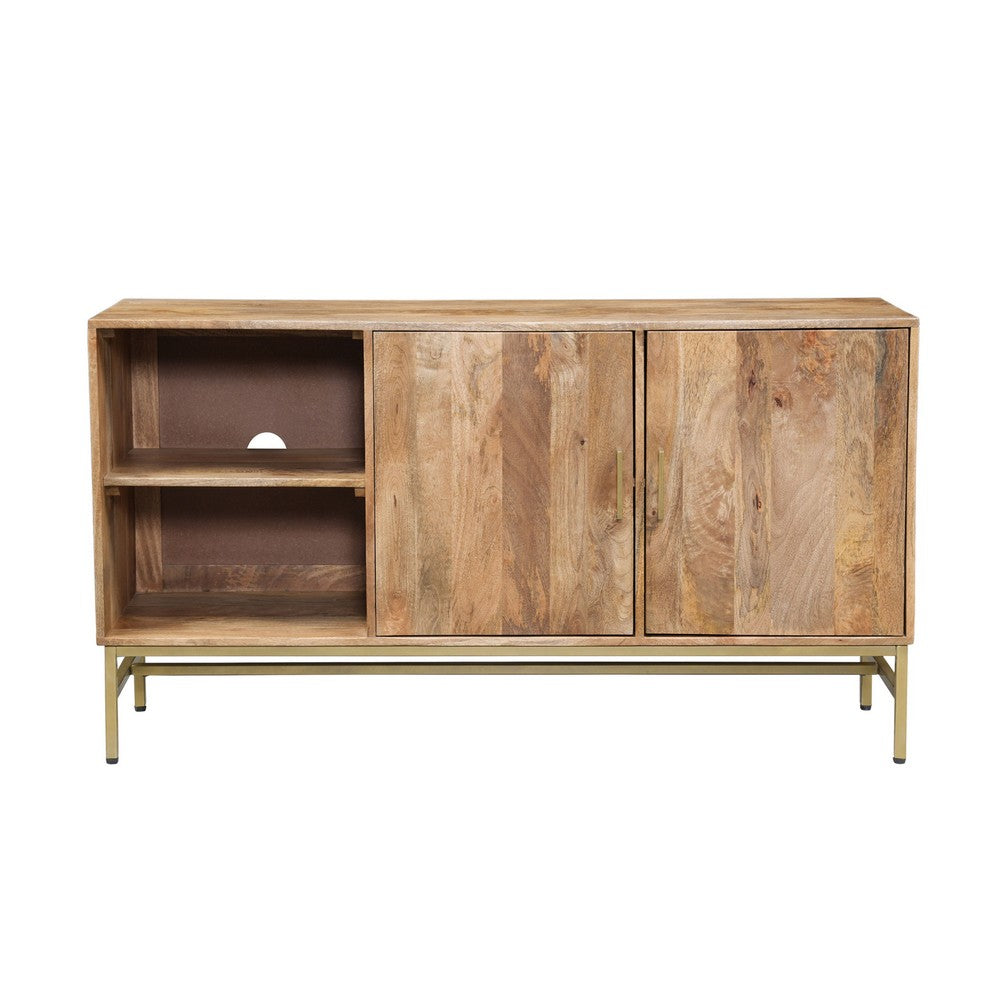 Lysa 50 Inch Sideboard Buffet Cabinet with Open Shelves | Gold Iron Base | Natural Brown Mango Wood | Organic Modern By The Urban Port