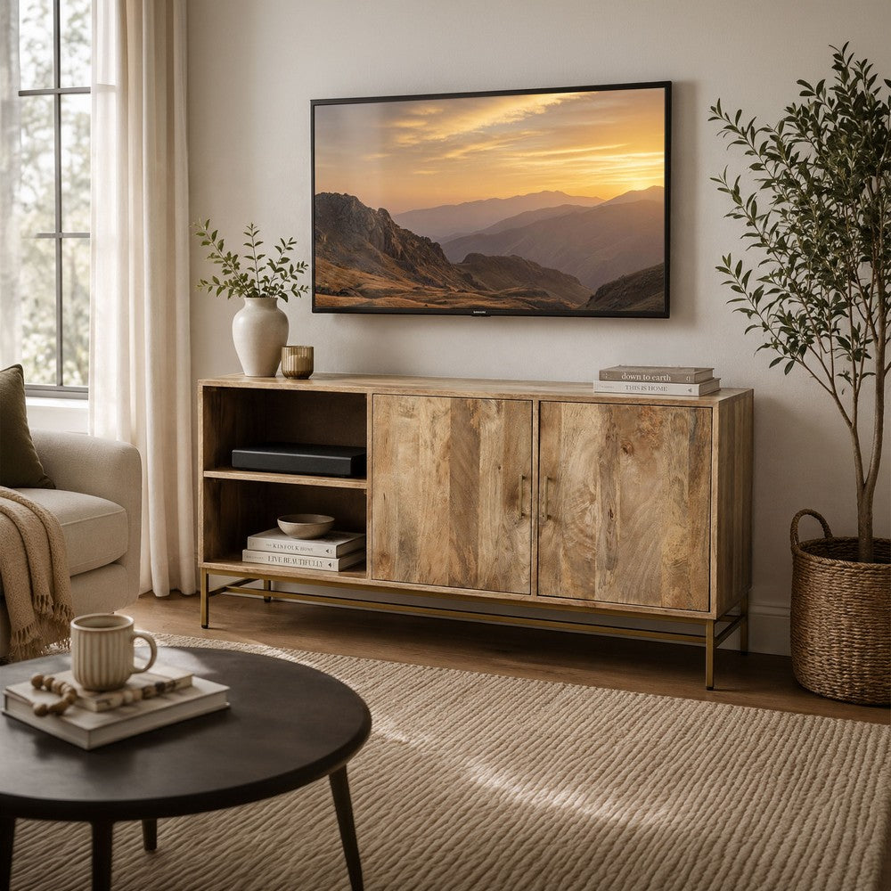 Lysa 50 Inch Sideboard Buffet Cabinet with Open Shelves | Gold Iron Base | Natural Brown Mango Wood | Organic Modern By The Urban Port