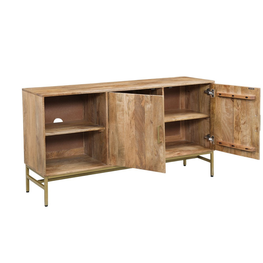 Lysa 50 Inch Sideboard Buffet Cabinet with Open Shelves | Gold Iron Base | Natural Brown Mango Wood | Organic Modern By The Urban Port