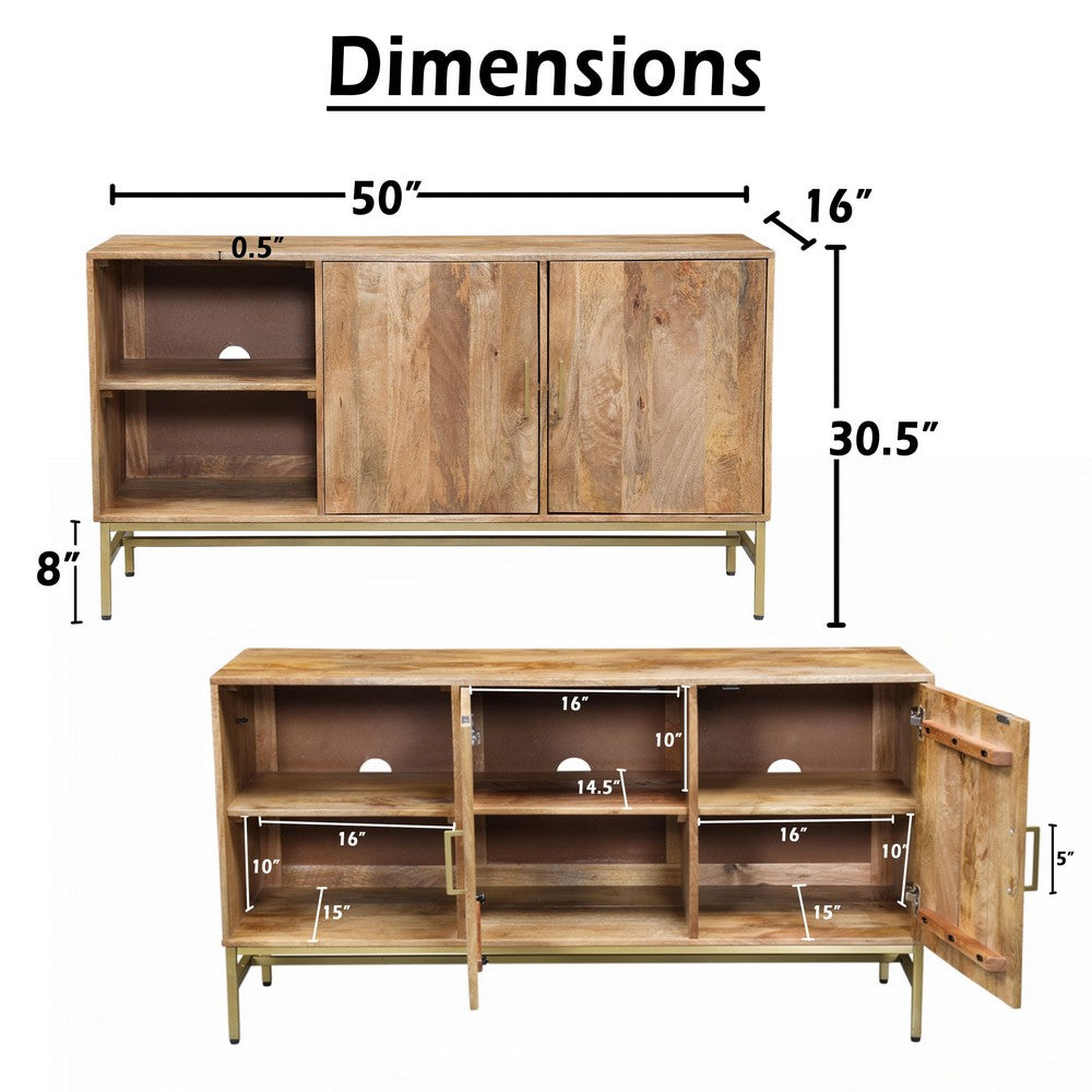 Lysa 50 Inch Sideboard Buffet Cabinet with Open Shelves | Gold Iron Base | Natural Brown Mango Wood | Organic Modern By The Urban Port