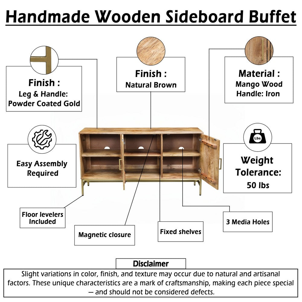 Lysa 50 Inch Sideboard Buffet Cabinet with Open Shelves | Gold Iron Base | Natural Brown Mango Wood | Organic Modern By The Urban Port