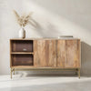 Lysa 50 Inch Sideboard Buffet Cabinet with Open Shelves | Gold Iron Base | Natural Brown Mango Wood | Organic Modern By The Urban Port