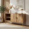 Lysa 50 Inch Sideboard Buffet Cabinet with Open Shelves | Gold Iron Base | Natural Brown Mango Wood | Organic Modern By The Urban Port