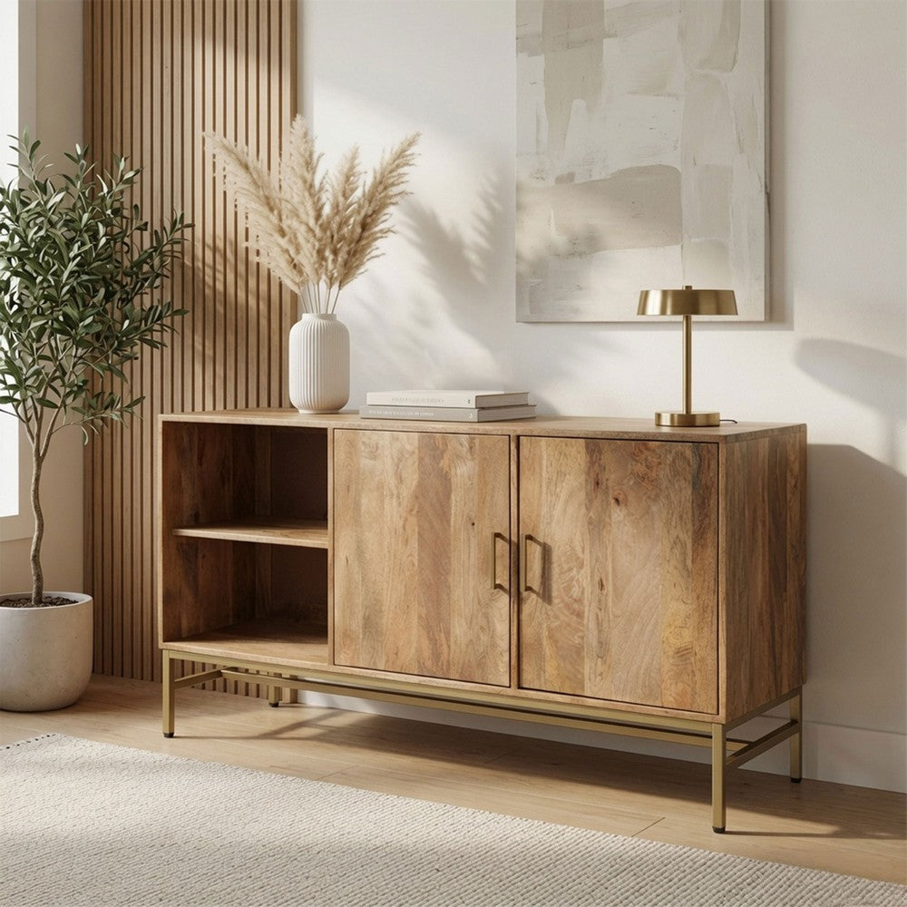 Lysa 50 Inch Sideboard Buffet Cabinet with Open Shelves | Gold Iron Base | Natural Brown Mango Wood | Organic Modern By The Urban Port