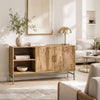 Lysa 50 Inch Sideboard Buffet Cabinet with Open Shelves | Gold Iron Base | Natural Brown Mango Wood | Organic Modern By The Urban Port