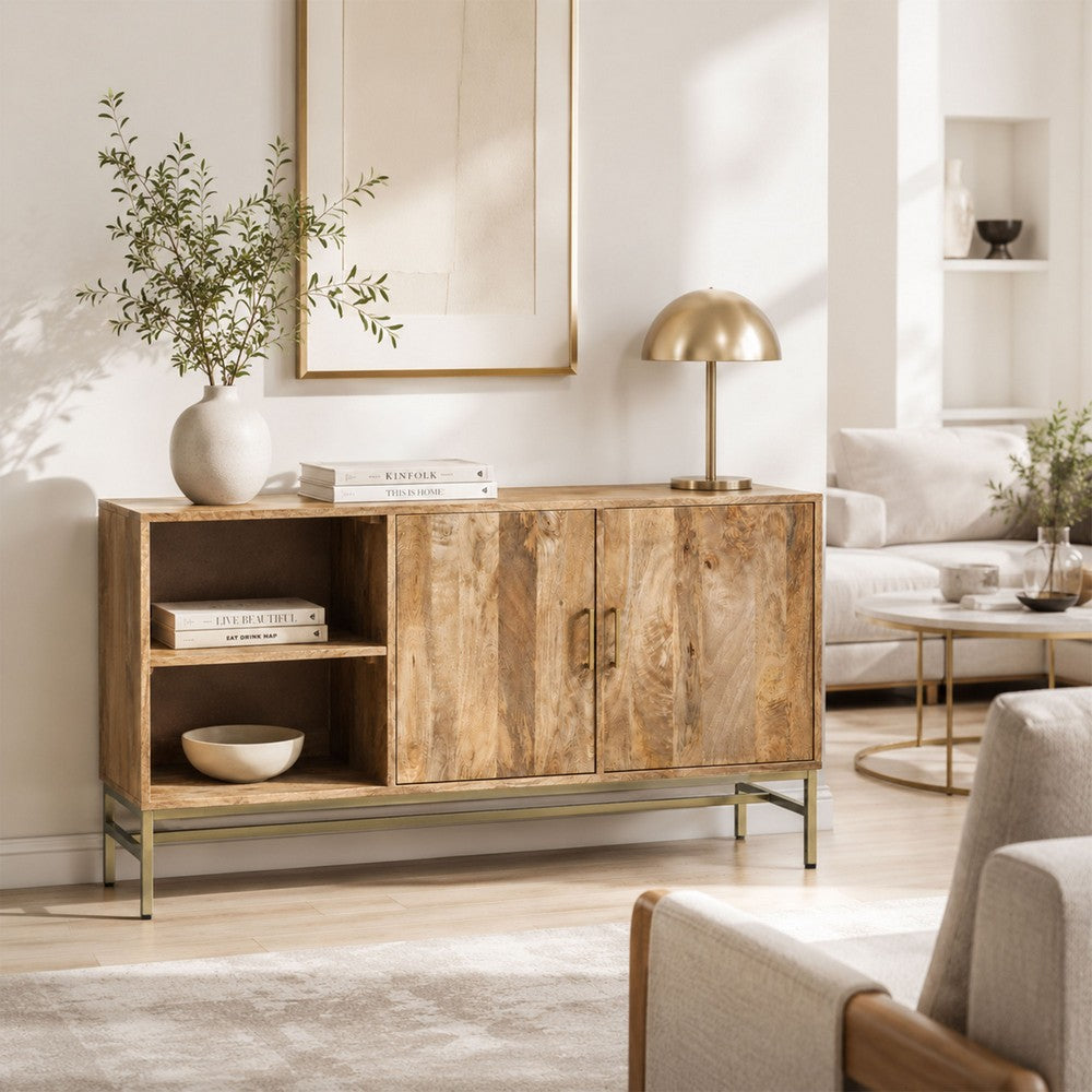 Lysa 50 Inch Sideboard Buffet Cabinet with Open Shelves | Gold Iron Base | Natural Brown Mango Wood | Organic Modern By The Urban Port