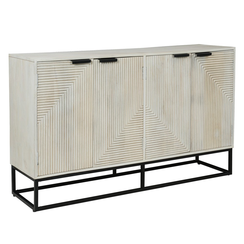 Seya 4 Door Sideboard Console | Fluted Front | Antique White Mango Wood | Black Iron Base | 60 " By The Urban Port