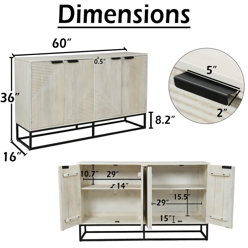 Seya 4 Door Sideboard Console | Fluted Front | Antique White Mango Wood | Black Iron Base | 60 " By The Urban Port