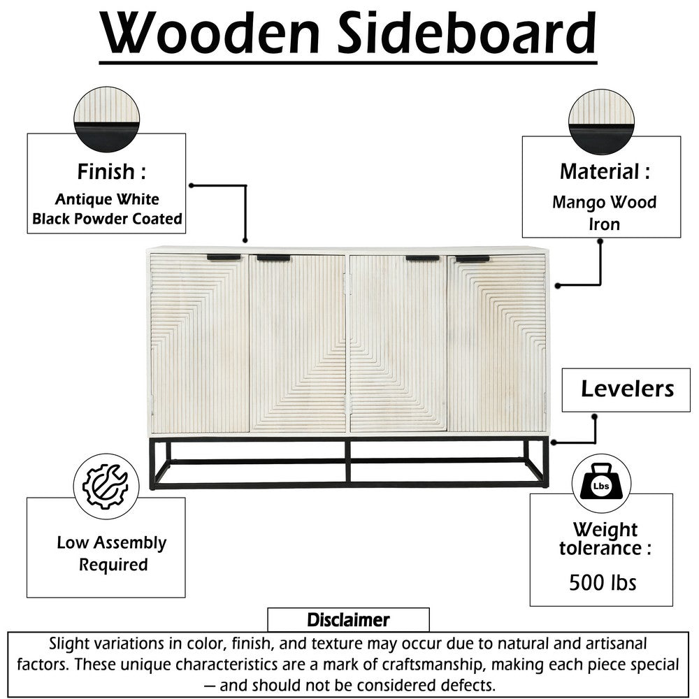 Seya 4 Door Sideboard Console | Fluted Front | Antique White Mango Wood | Black Iron Base | 60 " By The Urban Port