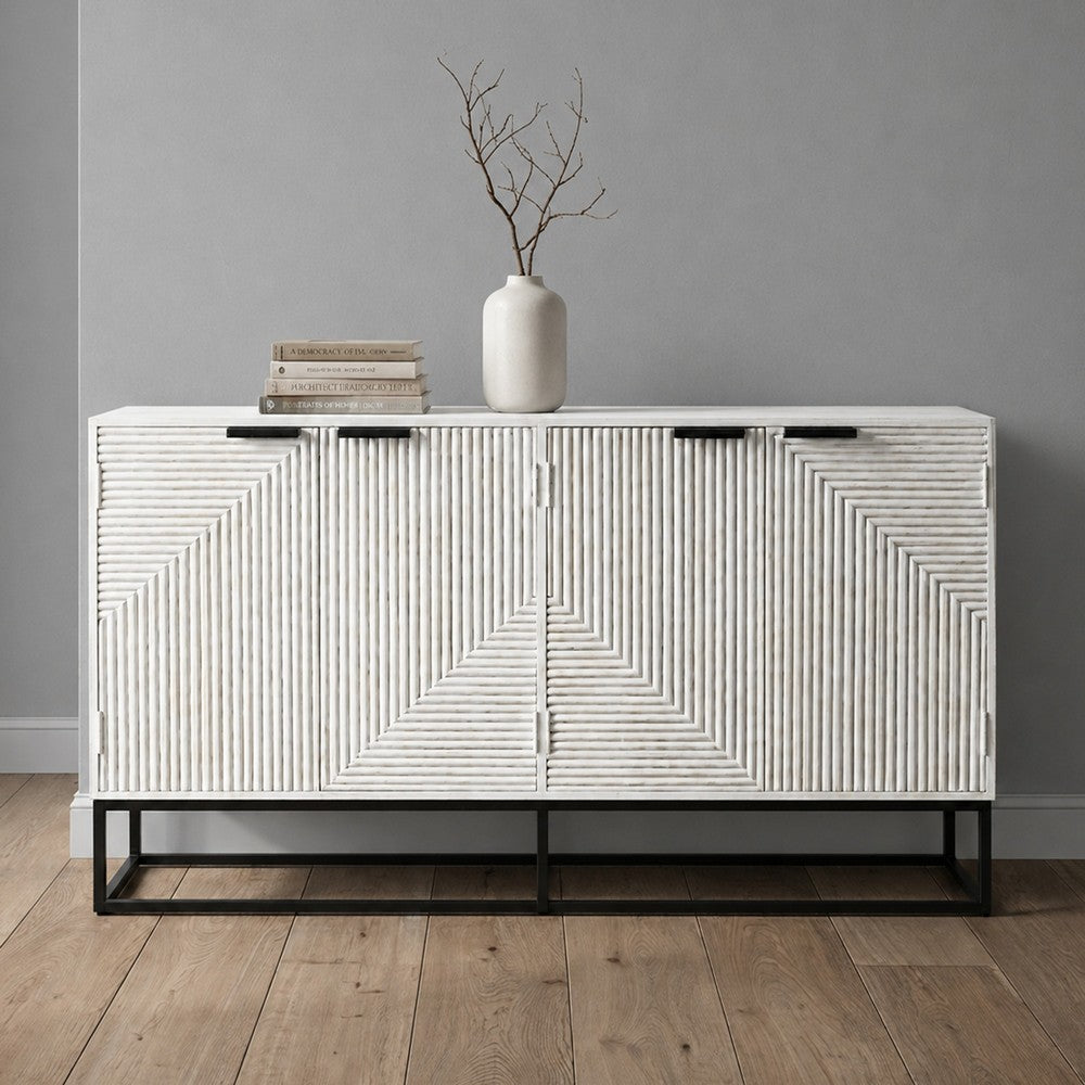Seya 4 Door Sideboard Console | Fluted Front | Antique White Mango Wood | Black Iron Base | 60 " By The Urban Port
