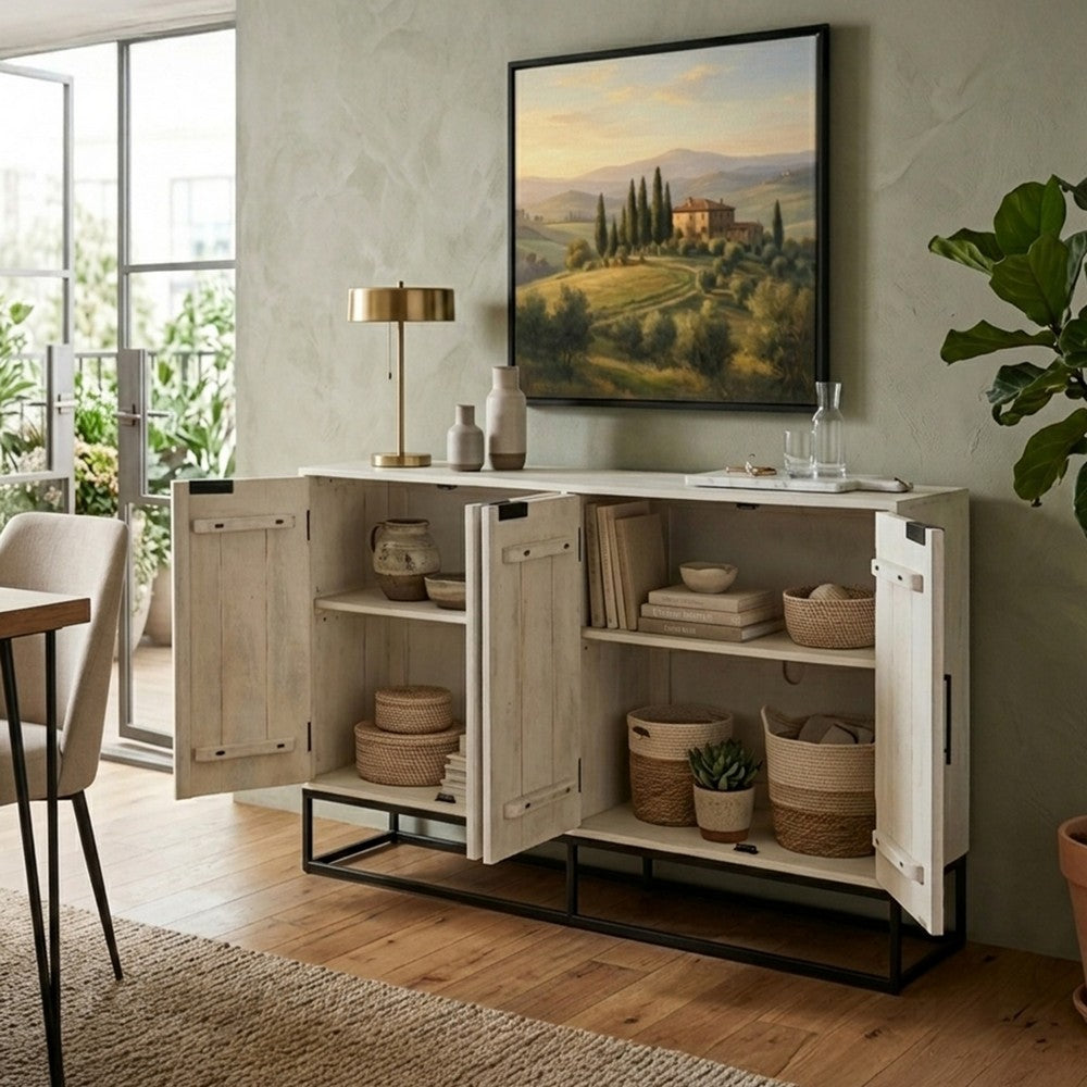 Seya 4 Door Sideboard Console | Fluted Front | Antique White Mango Wood | Black Iron Base | 60 " By The Urban Port