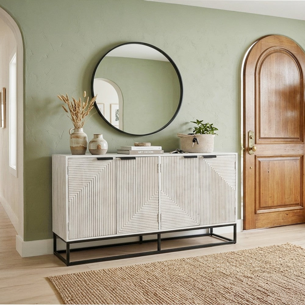 Seya 4 Door Sideboard Console | Fluted Front | Antique White Mango Wood | Black Iron Base | 60 " By The Urban Port