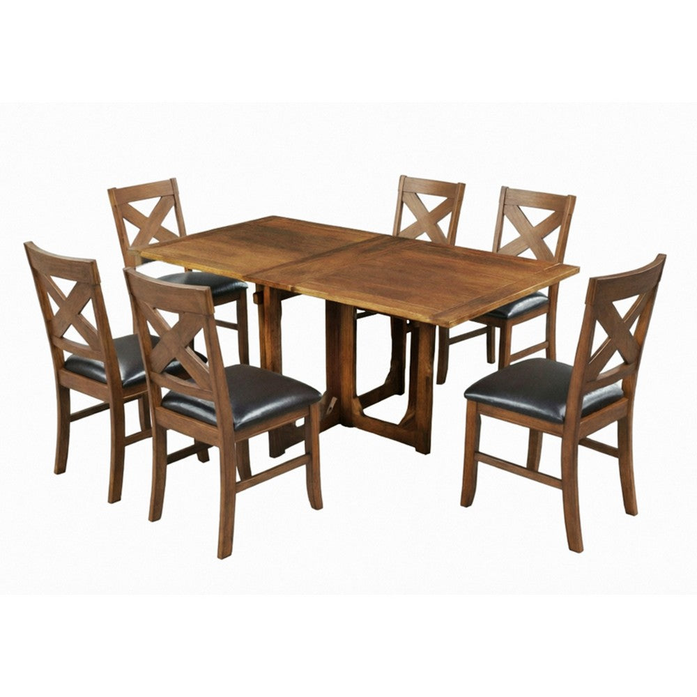 Hosa 7pc Rectangular Dining Table Set, Faux Leather Seats, Brown Mango Wood By The Urban Port