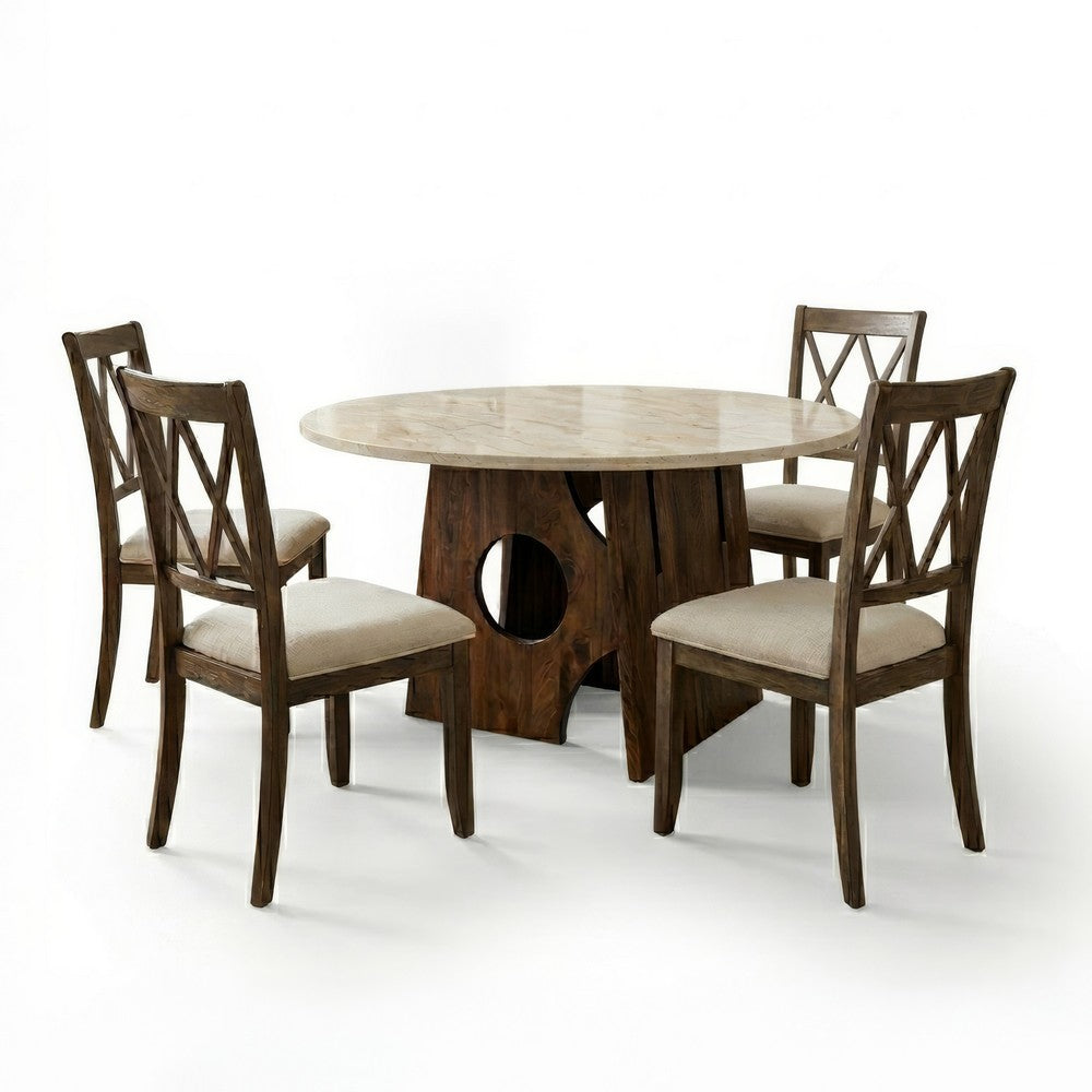 Jesa 5pc Round Dining Table Set, White Botticino Italian Marble, Walnut Brown By The Urban Port