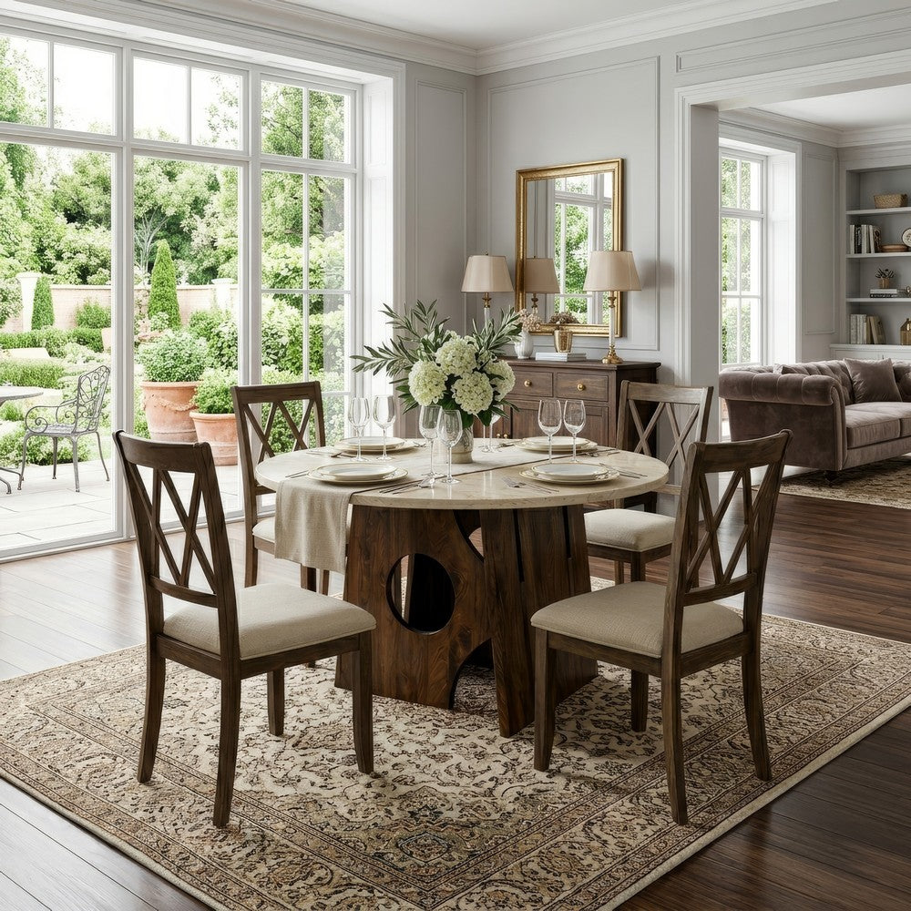 Jesa 5pc Round Dining Table Set, White Botticino Italian Marble, Walnut Brown By The Urban Port