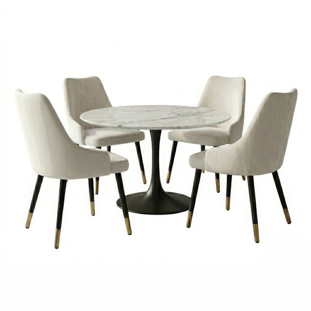 Kema 5pc Dining Table Set, Tulip Pedestal Base, Round White Marble, Black By The Urban Port
