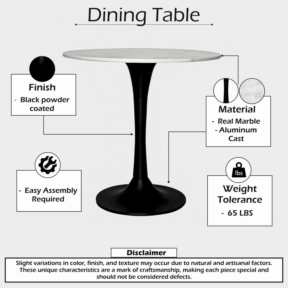 Kema 5pc Dining Table Set, Tulip Pedestal Base, Round White Marble, Black By The Urban Port