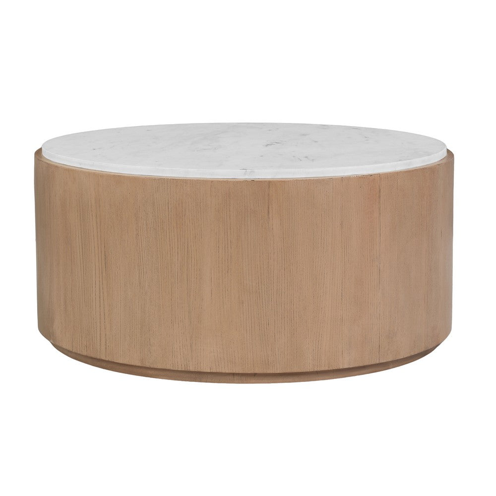 Tisa 34" Round Coffee Table | Banswara Marble Top | Organic Fluted Drum Base | Natural Brown By The Urban Port