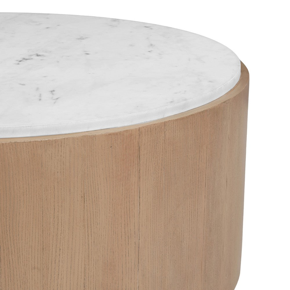 Tisa 34" Round Coffee Table | Banswara Marble Top | Organic Fluted Drum Base | Natural Brown By The Urban Port