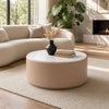 Tisa 34" Round Coffee Table | Banswara Marble Top | Organic Fluted Drum Base | Natural Brown By The Urban Port