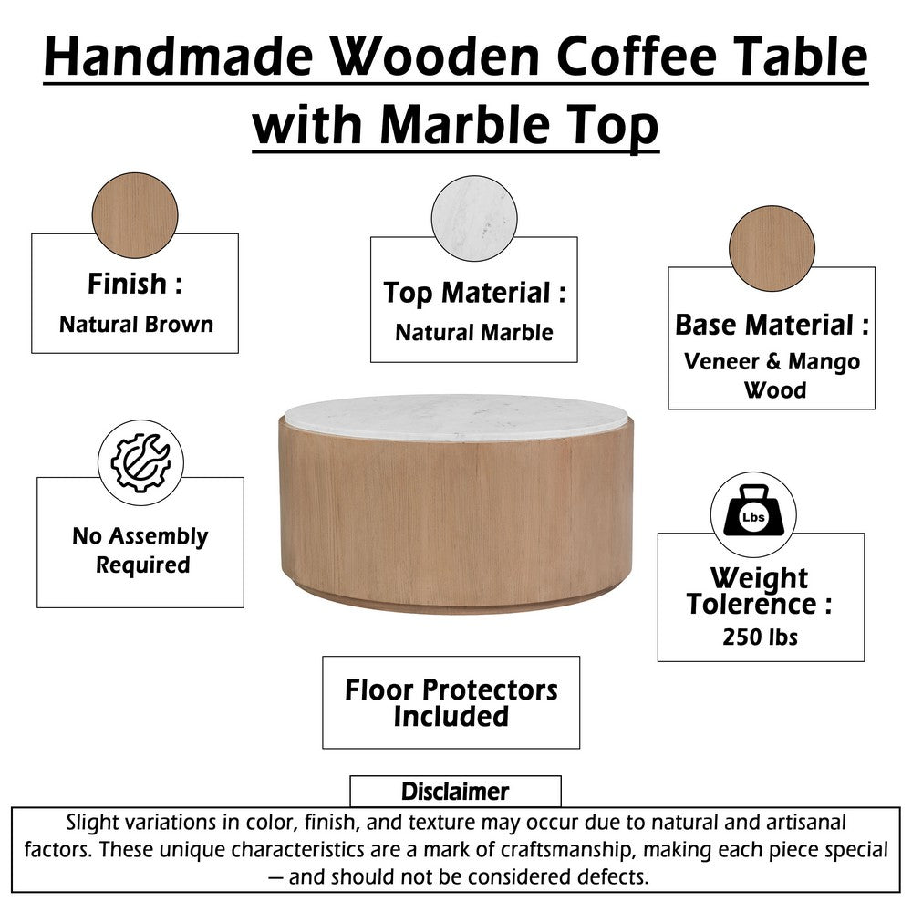 Tisa 34" Round Coffee Table | Banswara Marble Top | Organic Fluted Drum Base | Natural Brown By The Urban Port