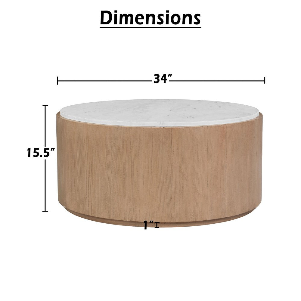 Tisa 34" Round Coffee Table | Banswara Marble Top | Organic Fluted Drum Base | Natural Brown By The Urban Port