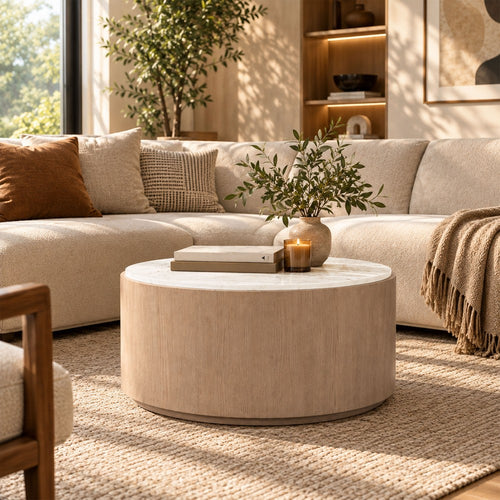 Tisa 34" Round Coffee Table | Banswara Marble Top | Organic Fluted Drum Base | Natural Brown By The Urban Port