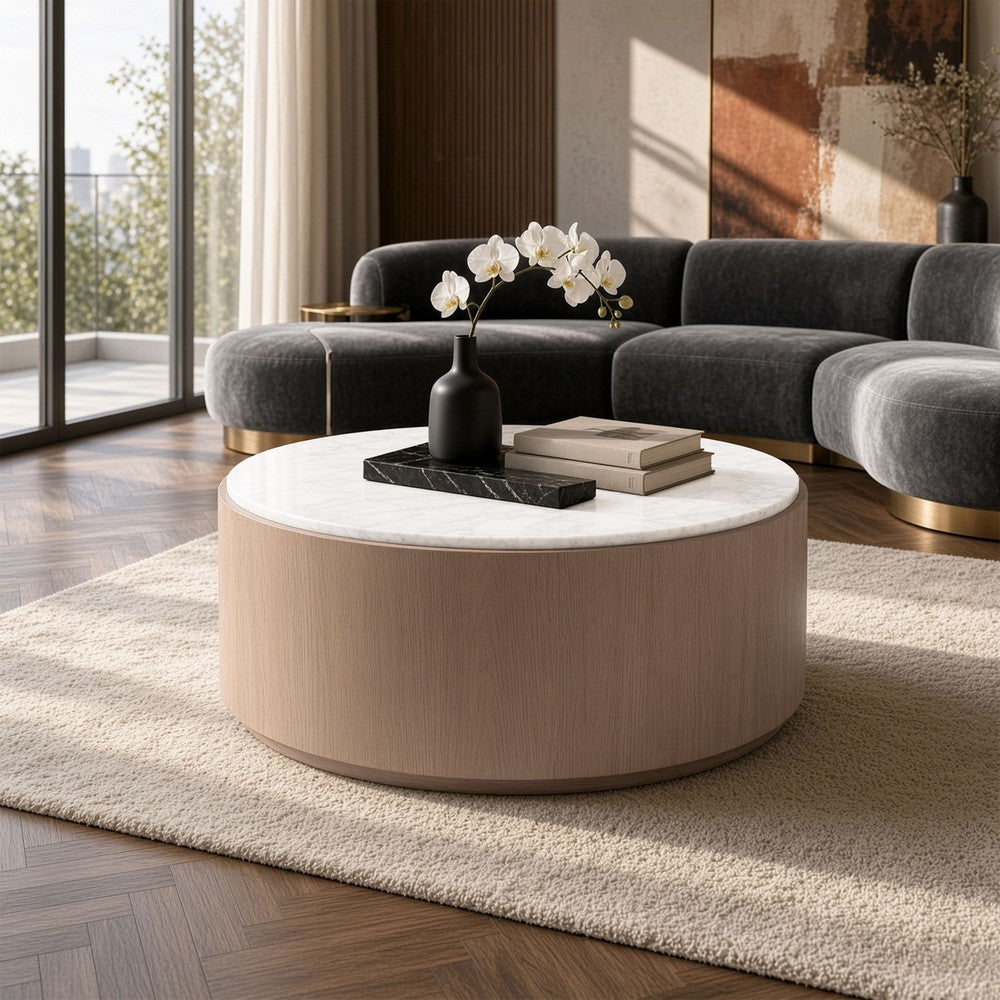 Tisa 34" Round Coffee Table | Banswara Marble Top | Organic Fluted Drum Base | Natural Brown By The Urban Port