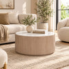 Tisa 34" Round Coffee Table | Banswara Marble Top | Organic Fluted Drum Base | Natural Brown By The Urban Port