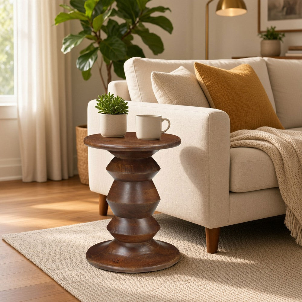 Jie Side End Table | Sculpted Pedestal Base | Walnut Brown Mango Wood | 18.5" By The Urban Port