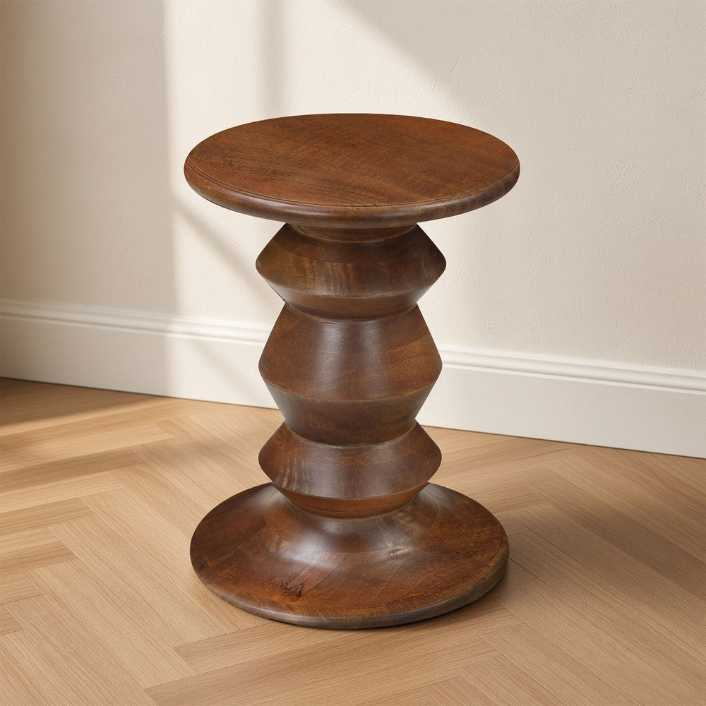 Jie Side End Table | Sculpted Pedestal Base | Walnut Brown Mango Wood | 18.5" By The Urban Port