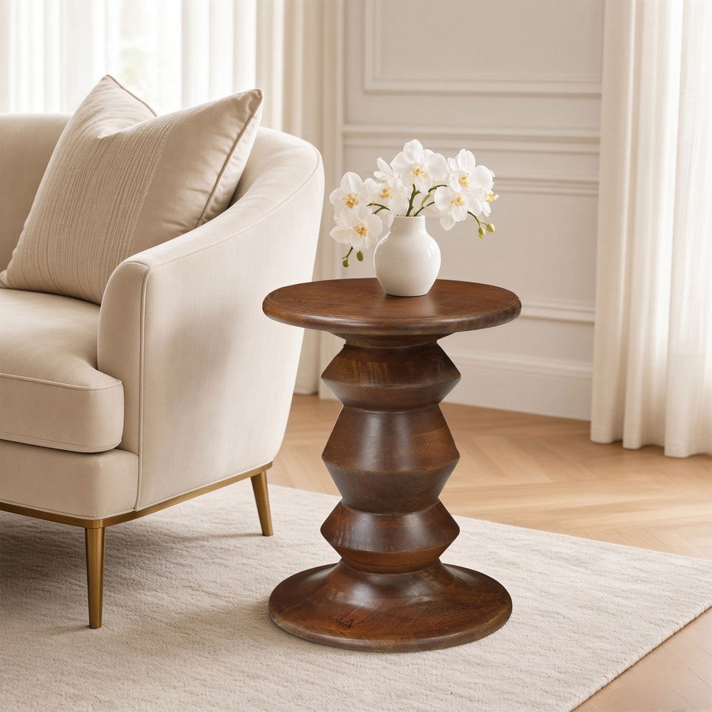 Jie Side End Table | Sculpted Pedestal Base | Walnut Brown Mango Wood | 18.5" By The Urban Port
