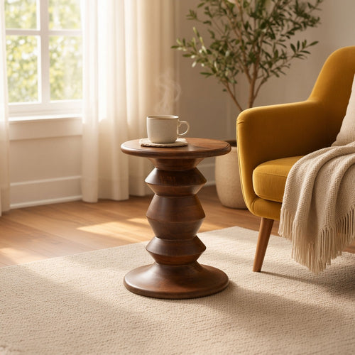 Jie Side End Table | Sculpted Pedestal Base | Walnut Brown Mango Wood | 18.5" By The Urban Port