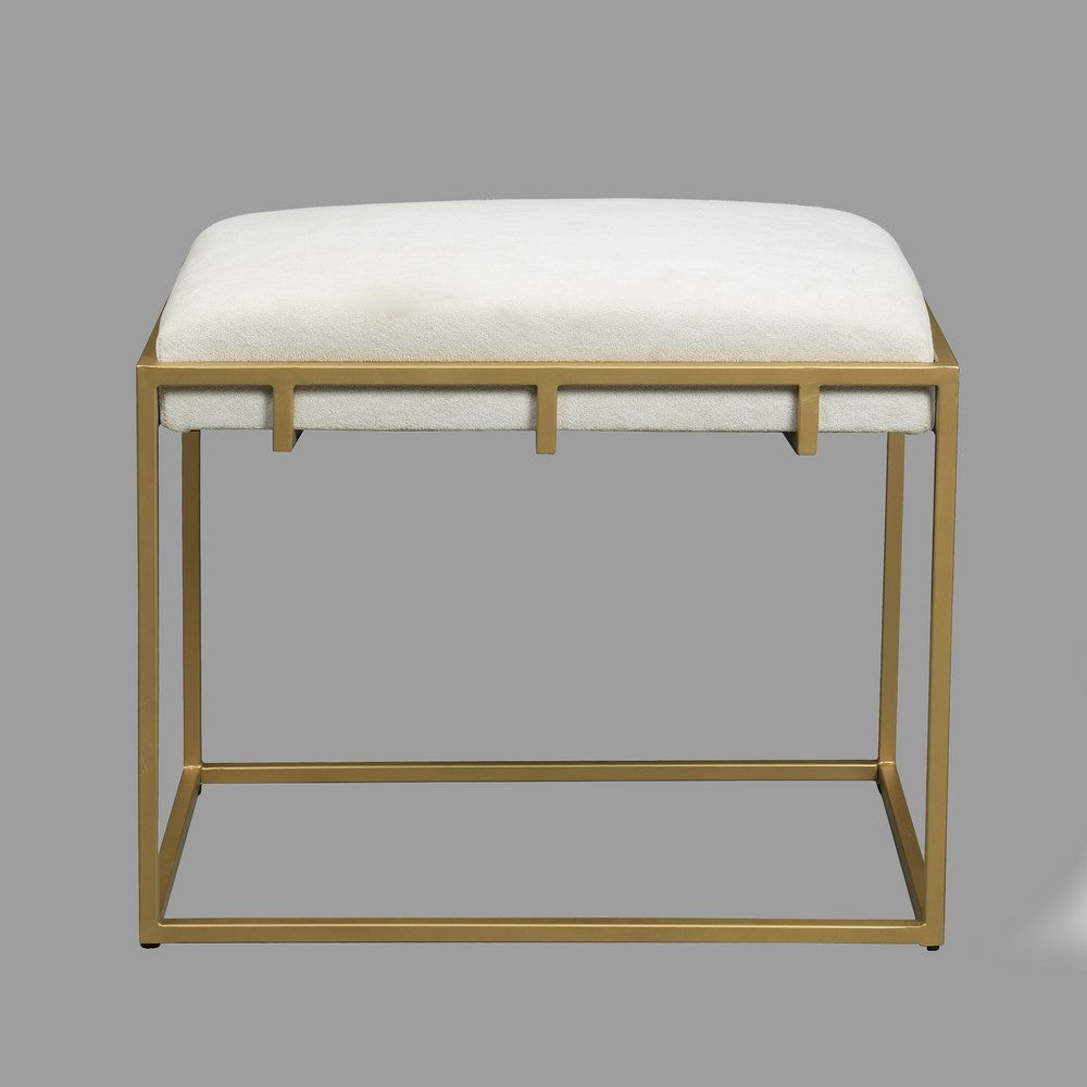Syna 24" Modern Ottoman Bench | Glam Gold Metal Frame | Off White Boucle Upholstered Seat By The Urban Port