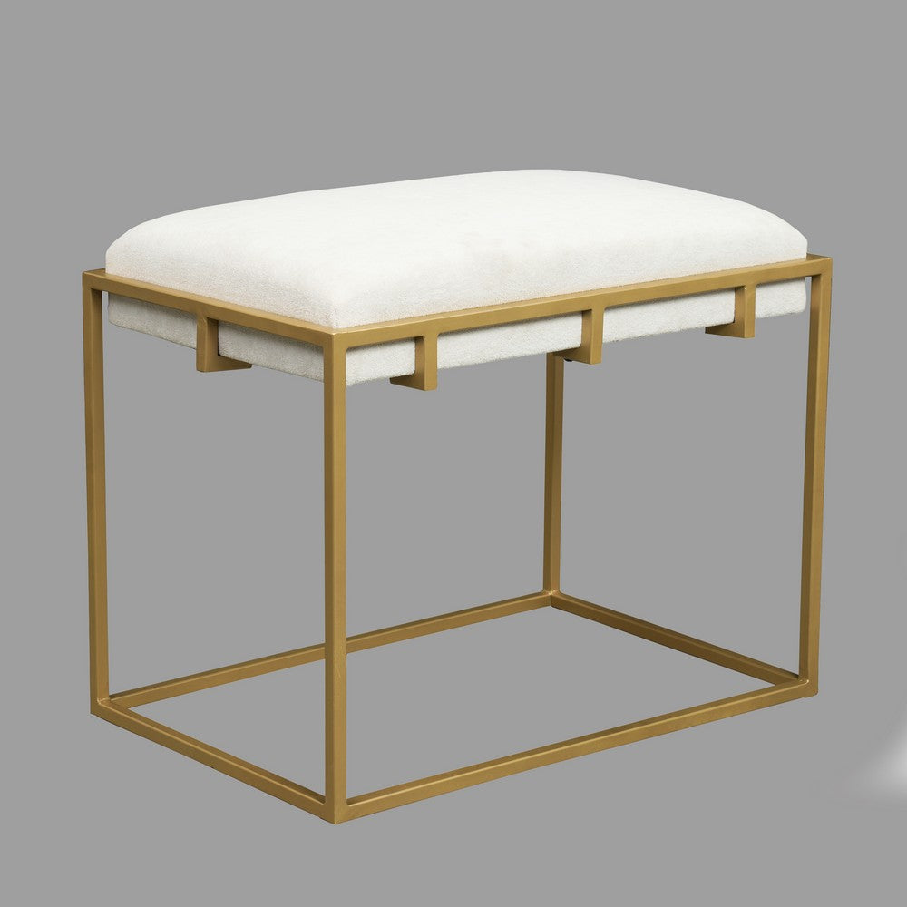 Syna 24" Modern Ottoman Bench | Glam Gold Metal Frame | Off White Boucle Upholstered Seat By The Urban Port