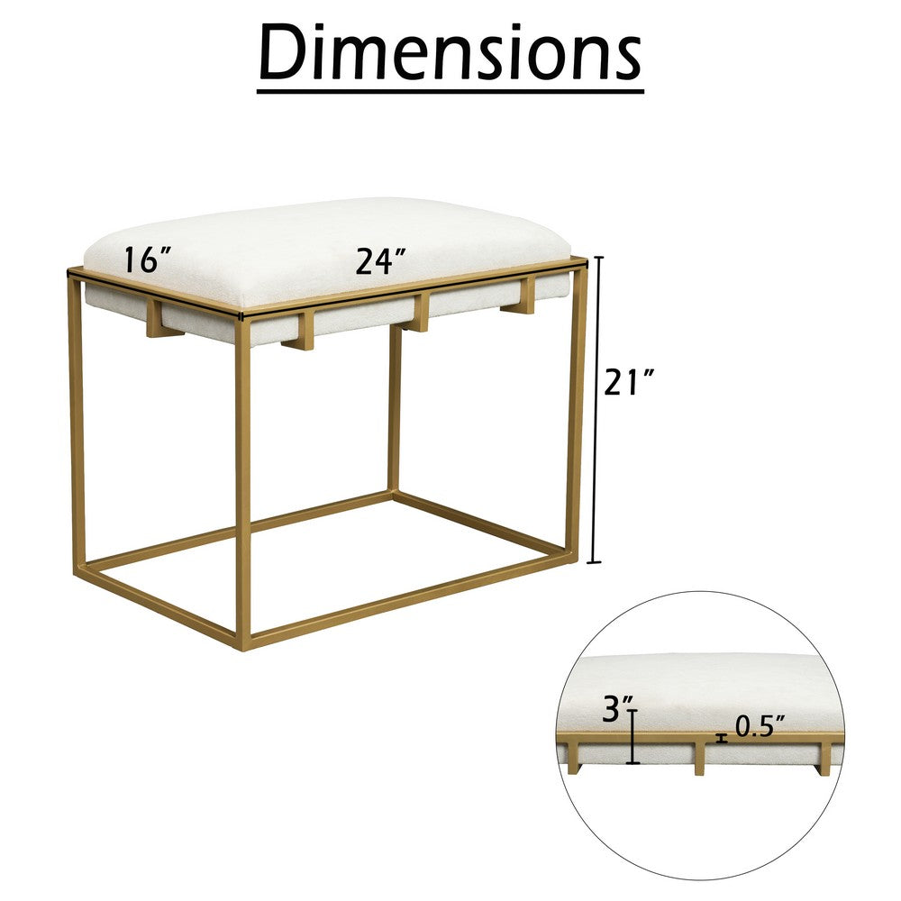 Syna 24" Modern Ottoman Bench | Glam Gold Metal Frame | Off White Boucle Upholstered Seat By The Urban Port