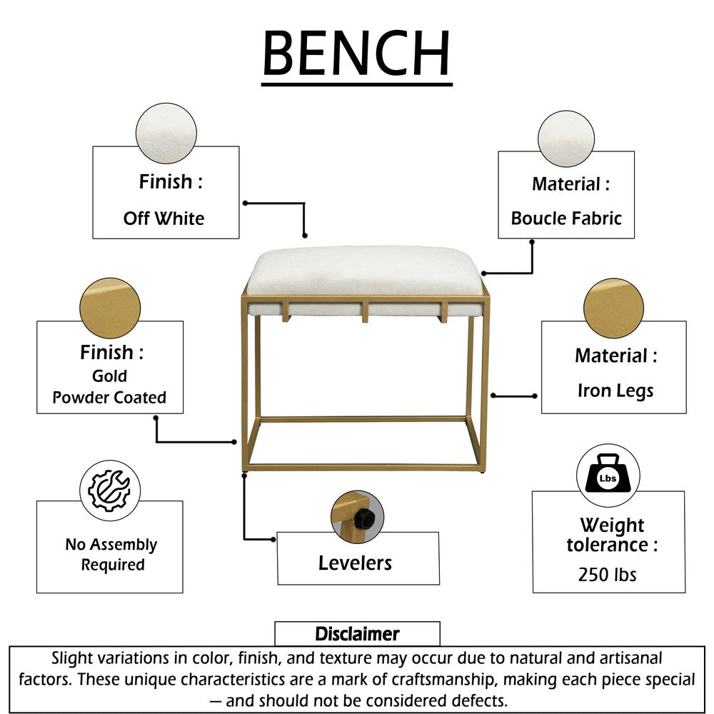 Syna 24" Modern Ottoman Bench | Glam Gold Metal Frame | Off White Boucle Upholstered Seat By The Urban Port