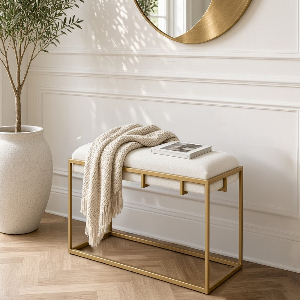 Syna 24" Modern Ottoman Bench | Glam Gold Metal Frame | Off White Boucle Upholstered Seat By The Urban Port