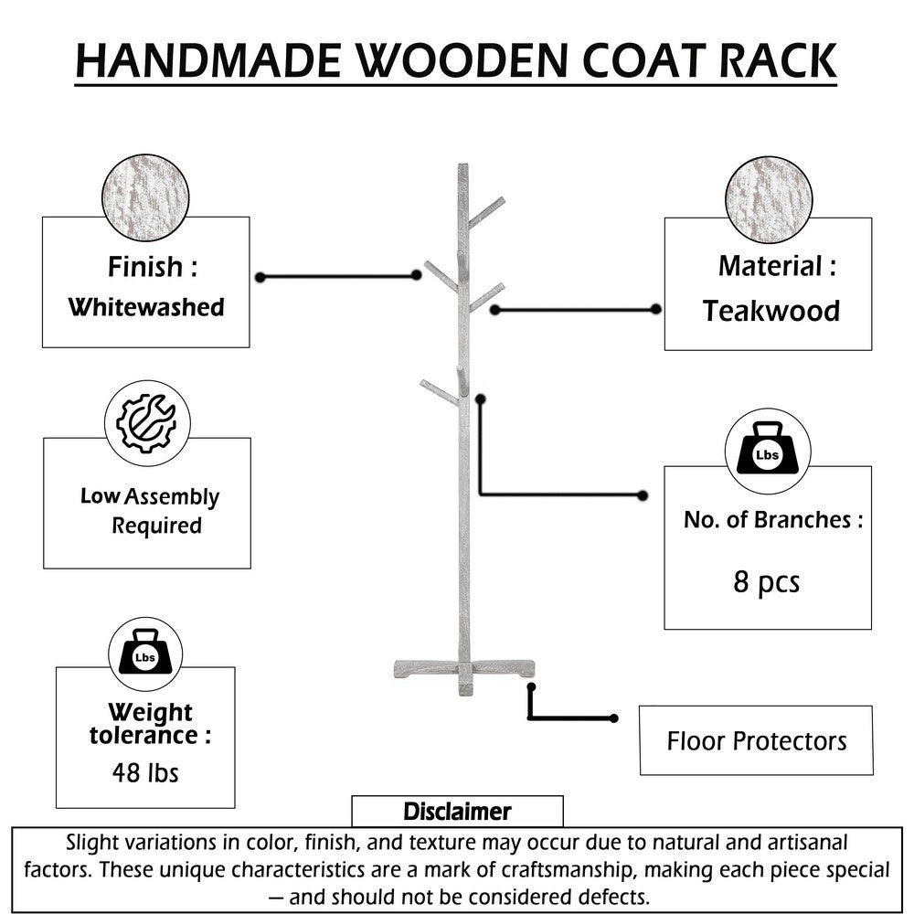 Hiya Freestanding Hat, Coat Rack | 8 Branch Hooks | Whitewash Teakwood | 72" By The Urban Port