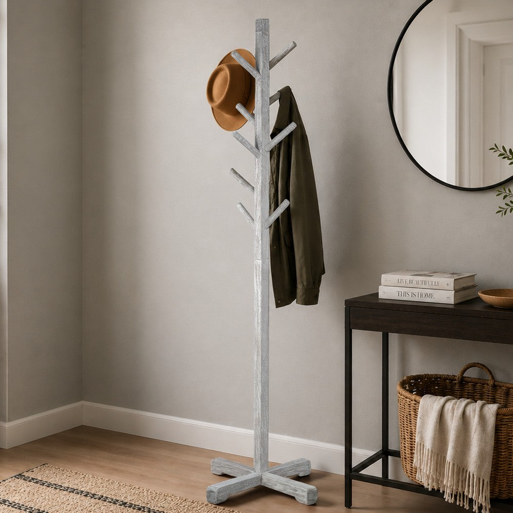 Hiya Freestanding Hat, Coat Rack | 8 Branch Hooks | Whitewash Teakwood | 72" By The Urban Port