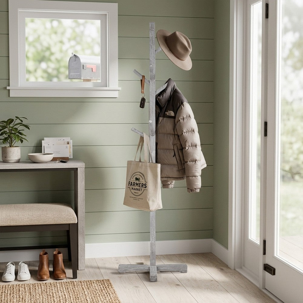 Hiya Freestanding Hat, Coat Rack | 8 Branch Hooks | Whitewash Teakwood | 72" By The Urban Port