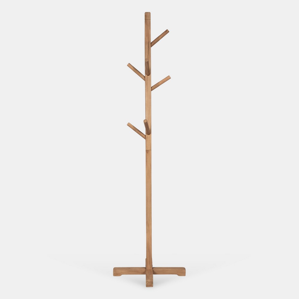 Hiya Freestanding Hat, Coat Rack | 8 Branch Hooks | Natural Brown Teakwood | 72" By The Urban Port