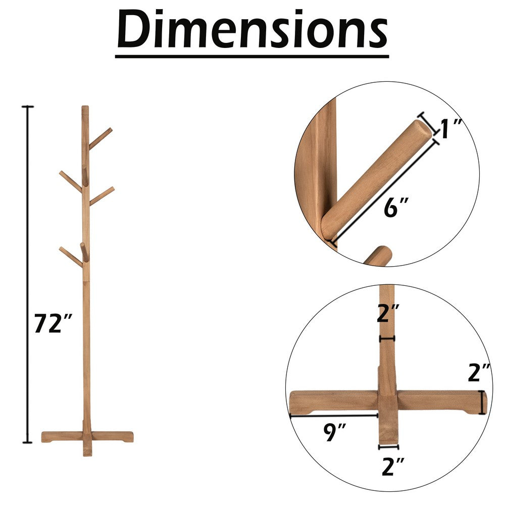 Hiya Freestanding Hat, Coat Rack | 8 Branch Hooks | Natural Brown Teakwood | 72" By The Urban Port