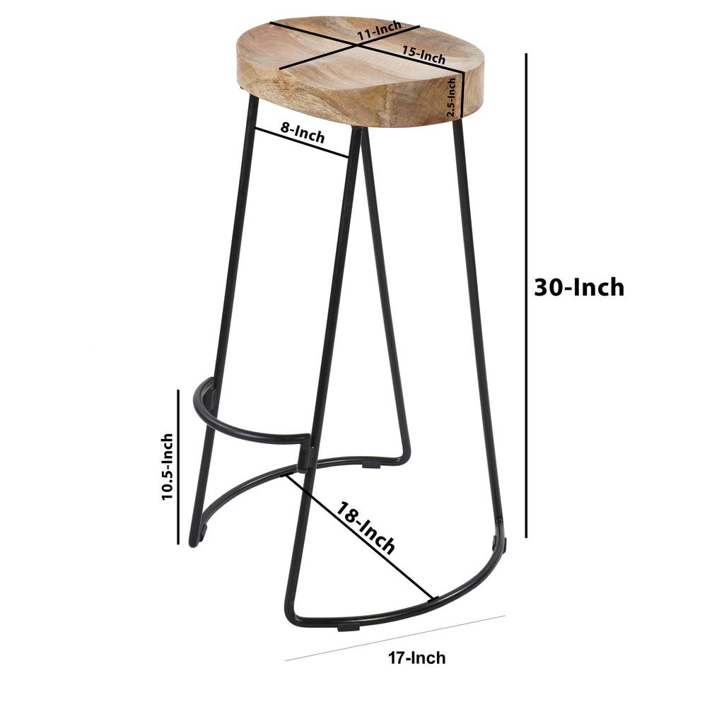 30 Inch Handcrafted Backless Counter Height Barstool Natural Brown Mango Wood Saddle Seat Black Iron Base By The Urban Port UPT-37900-F