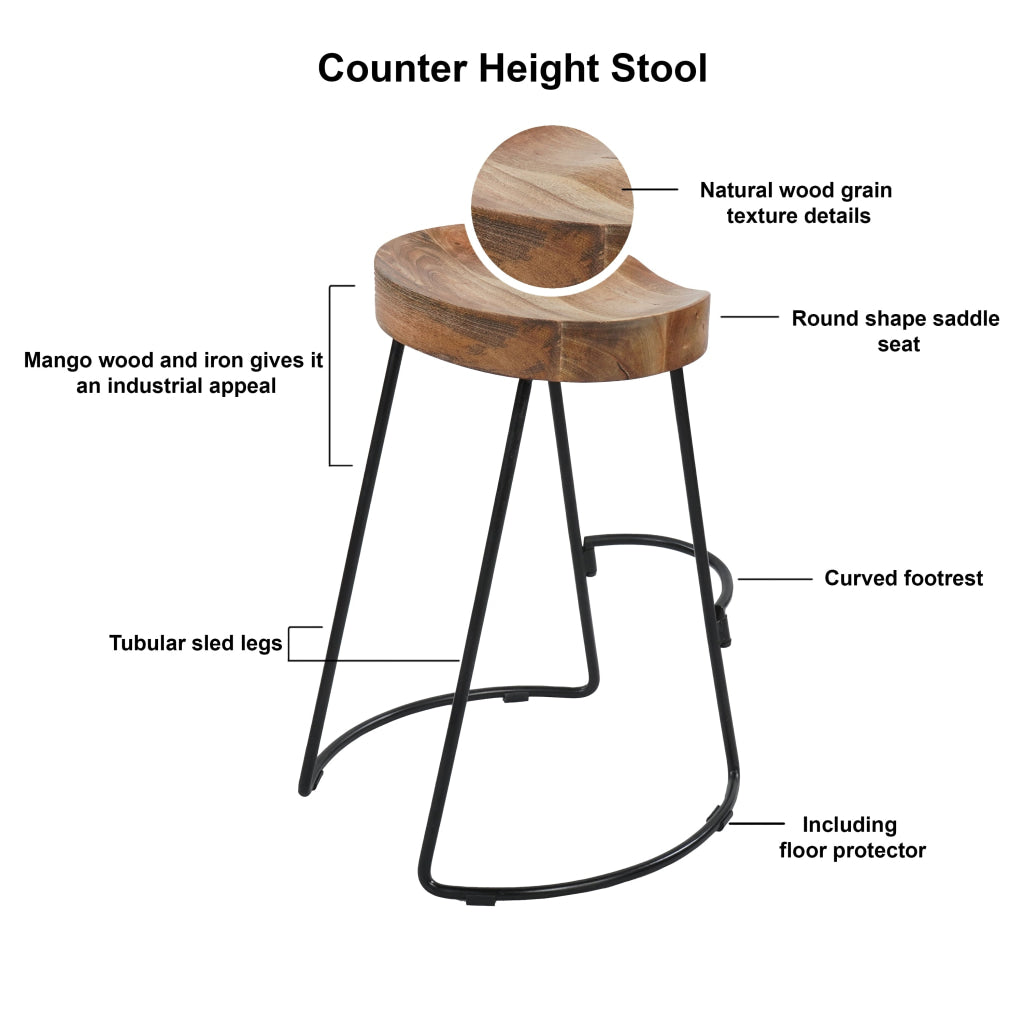 30 Inch Handcrafted Backless Counter Height Barstool Natural Brown Mango Wood Saddle Seat Black Iron Base By The Urban Port UPT-37900-F